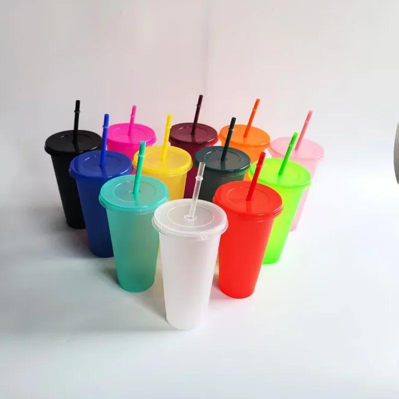 5pcs 710ml Assorted Solid Color Reusable 24oz Plastic Cold Cup Coloured Cup Colored Straw Cup Glasses with Straw and Lid Liyi