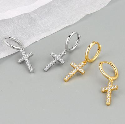 Pendientes Colgantes de Cruz de Color Plata Moda con Circonita para Mujeres Hombres Punk Hip Hop Perforación Pendientes de Personalidad Joyería para Fiestas