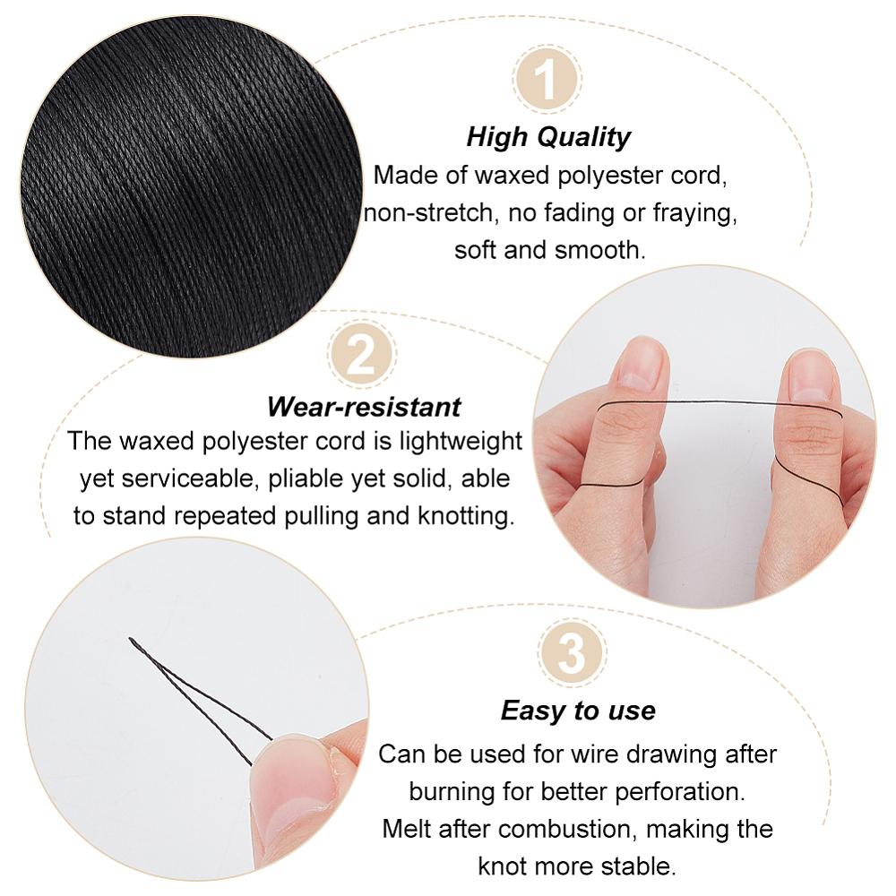 Round Waxed Polyester Thread String Micro Macrame Cord Twisted Cord for Leather Sewing Stitching Black 0.3~0.4mm About 174.97 Yards(160m)/roll 1 Roll