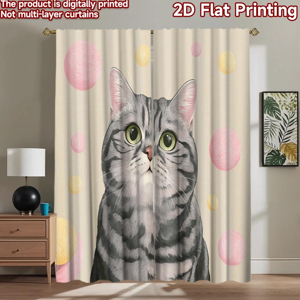 2D flat printing 2pcs Window Drapes Cute Cat Face Yarn Balls Digital Printed Polyester Drapes Holiday Decorations Perfect for