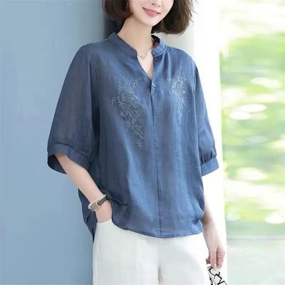 Ramie Three-quarter Sleeve Shirt Women's New Summer Short-sleeved Mother's Shirt High-end Loose Thin Cotton and Linen Top