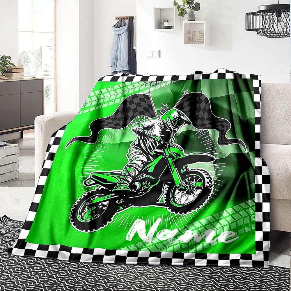 Coperta stampata a tema moto da fuoristrada con nome personalizzato - Perfetta per divano, letto, viaggi e uso all'aperto | Lavabile in lavatrice, accogliente e resistente.