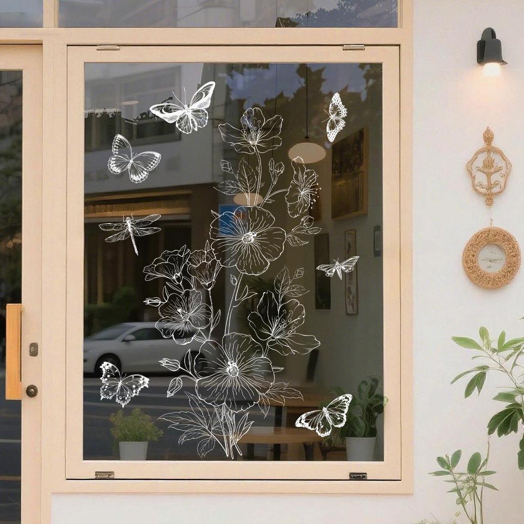 Electrostatic White Line Flower & Butterfly Glass Window Stickers, Decorative Spring Design for 2026.