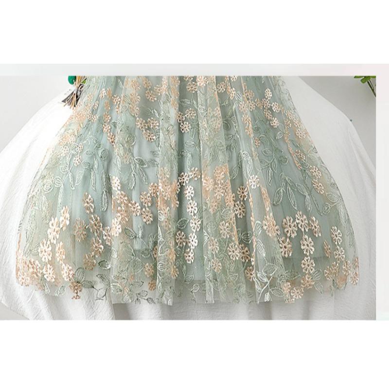 Summer Women Elegant High Waist Mesh Embroidery Flower Tulle Midi Skirt