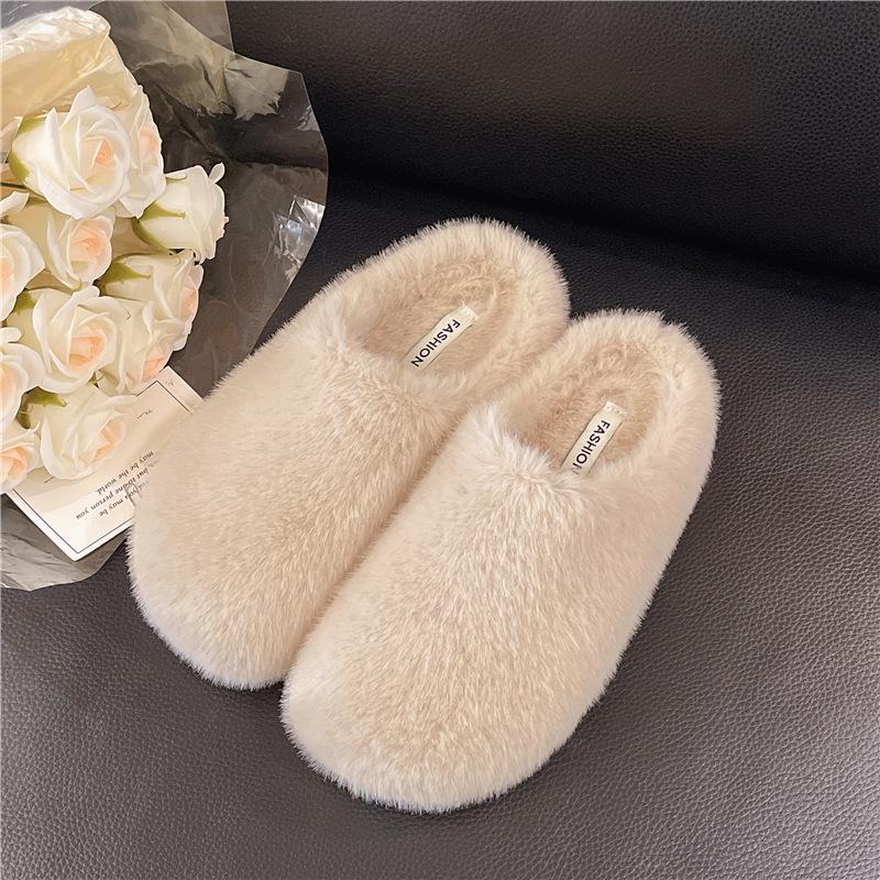 Kaninchenfell Französische flache Tasche Kopf flauschige Hausschuhe für Damen zum Tragen 2025 neue Herbst- und Winter-Ein-Pedal-Samt-Baumwollhausschuhe
