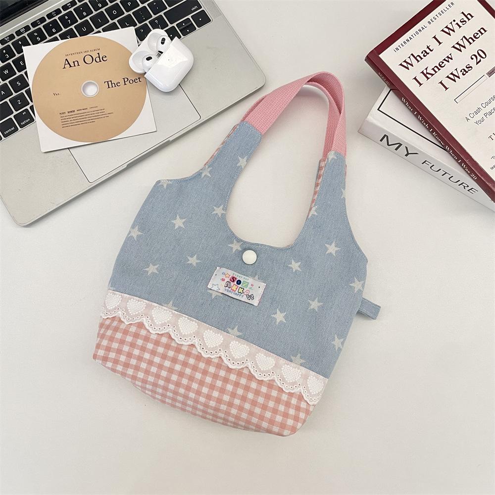 1 Sweet Lace Handbag Splicing Contrasting Color Handbag Going Out Portable Women's Bag