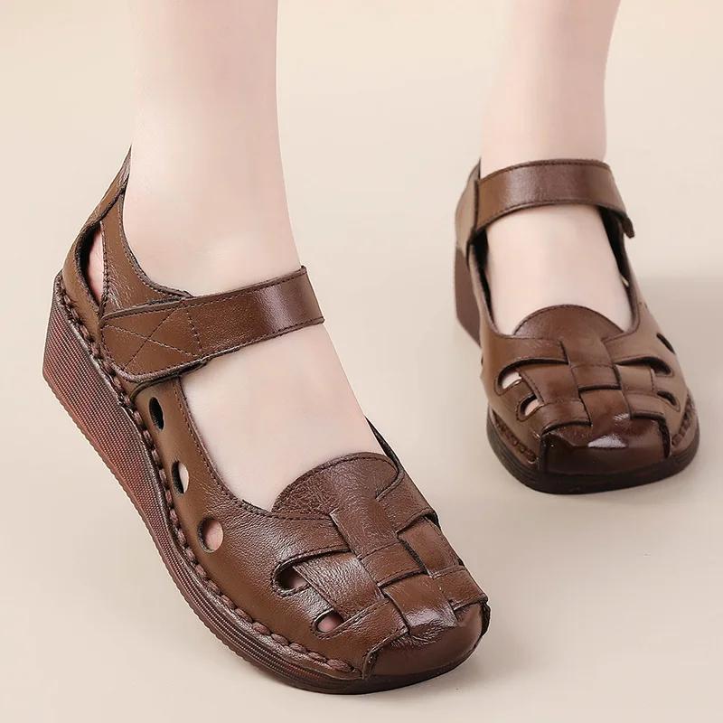 Cowhide Retro Wedges Women's Sandals Women's Summer New Soft Soled Genuine Leather Mother's Shoes Slip Comfort Female Shoes