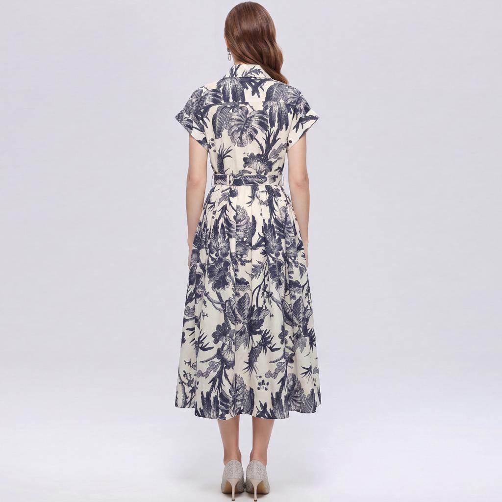 Summer Floral Print Shirt Dress for Women Short Sleeve Maxi Sundress with Lapel Neck Buttons Vintage Fashion Belted Robe
