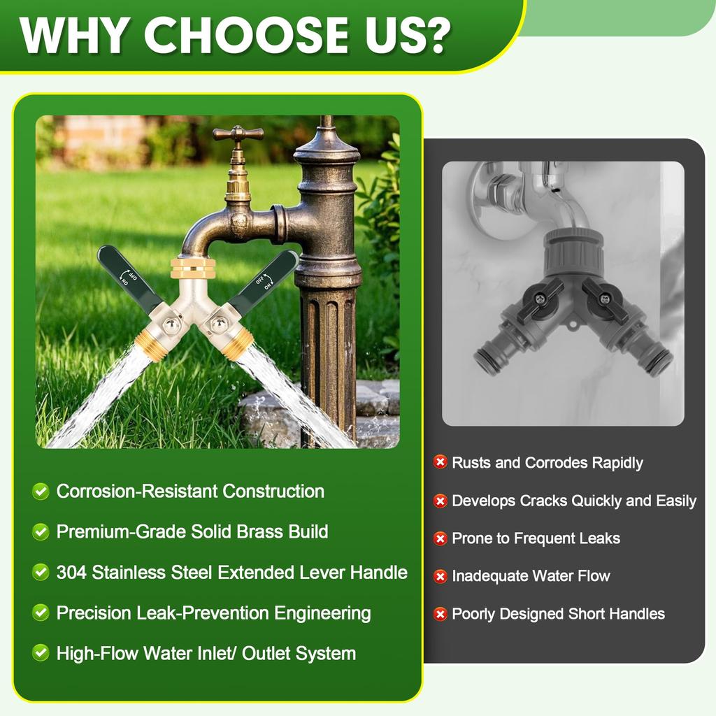 Long handle brass two way water diverter valve 3 4 inch GHT threaded high flow garden hose splitter green.