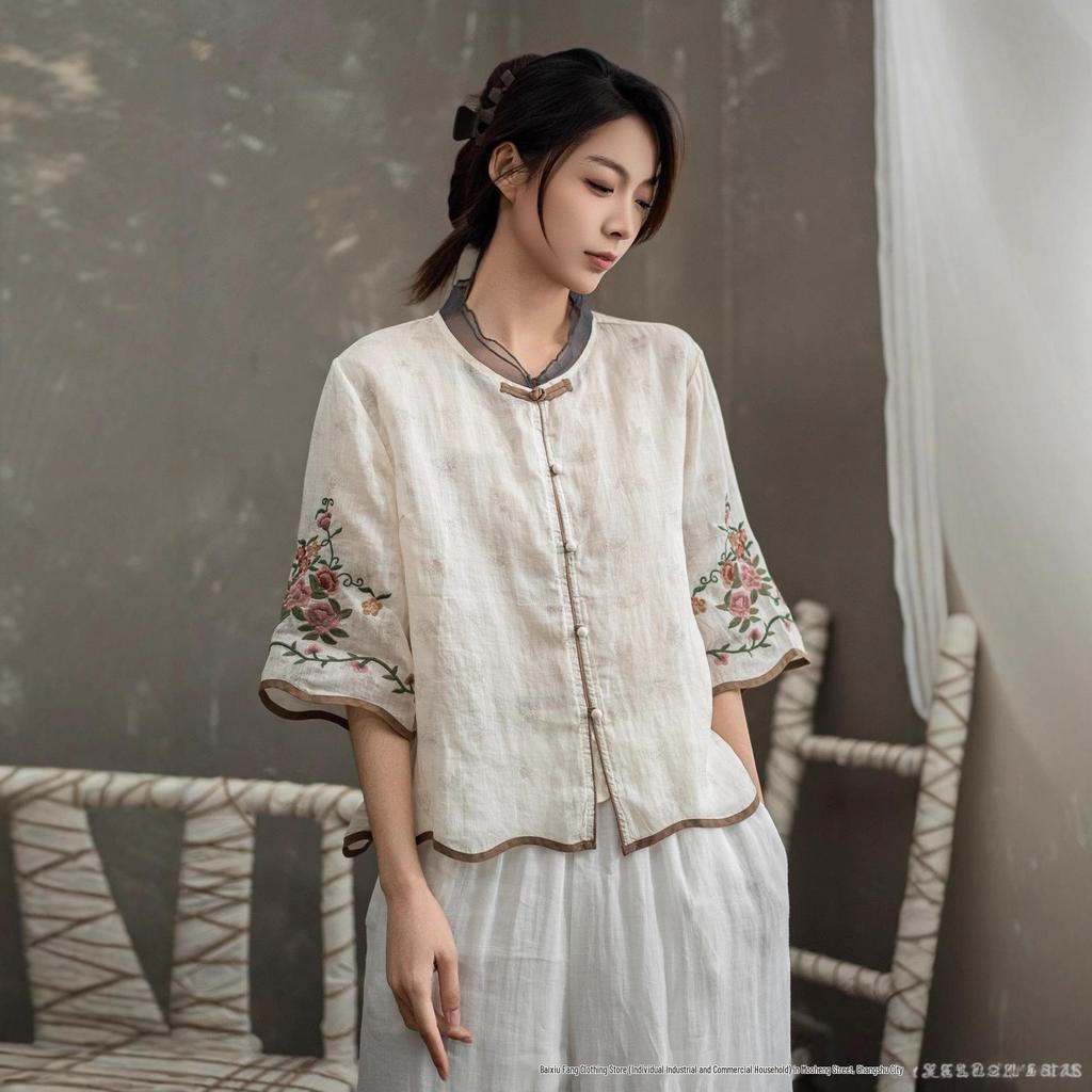 2025 Ethnic Style Ramie Shirt - Lightweight Embroidered Spring/Summer Chinese Design