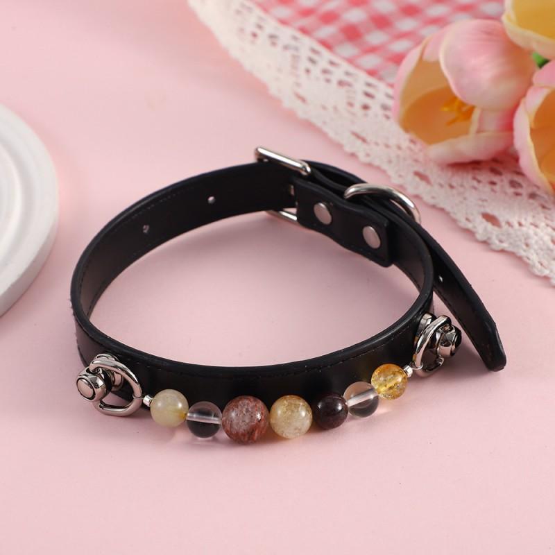 Adjustable Pet Collar With Pearl Decor Dogs Cats PU Leather Safety Neckband Stylish Accessory Daily Walks