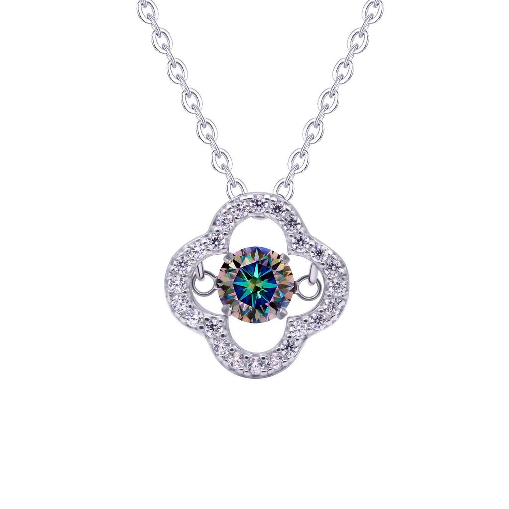 S925 Silver Dancing Heart Moissanite Necklace: Women's 50-Point Colored Moissanite Clover Pendant on Clavicle Chain
