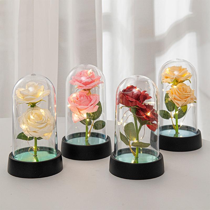 Artificial Rose Flowers In A Flask With Led Light Glowing Galaxy Eternal Rose In Glass Cover Valentine'S Day Gifts