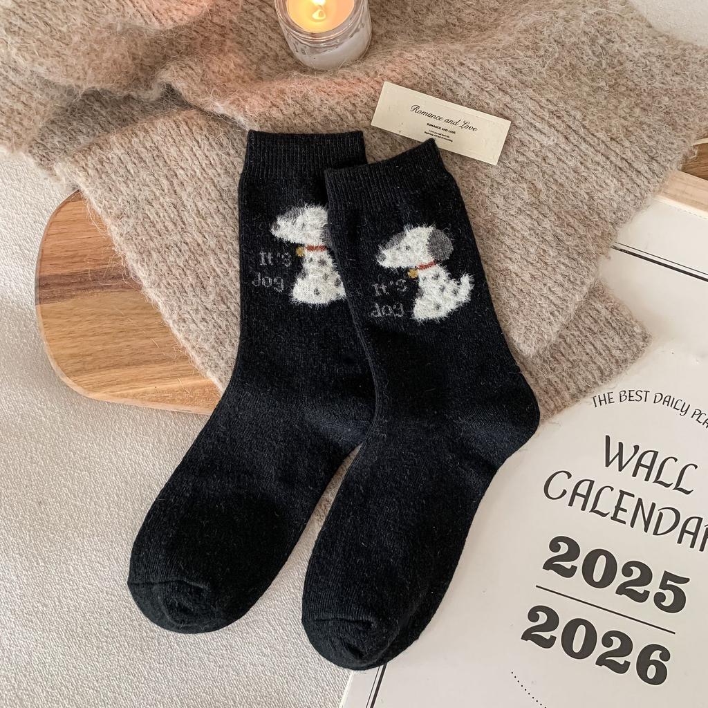 Female Autumn and Winter Thickened Warm Cartoon Cute Dog Wool Tube Pile Socks