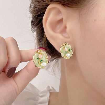 Tulip Flower Earrings for Women Enamel Floral Faux Pearl Stud Earring Jewelry Gifts for Wedding Engagement
