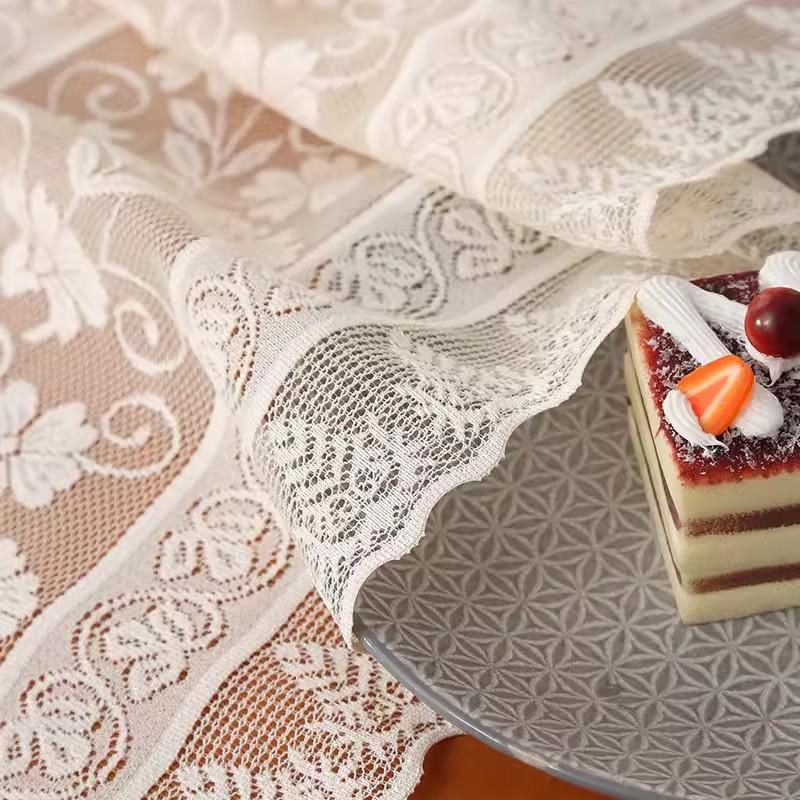 Beige Lace Table Runner Vintage Table Cloth Crochet Lace Cotton Blended Fabric with Tassel Table Dining Wedding Decor