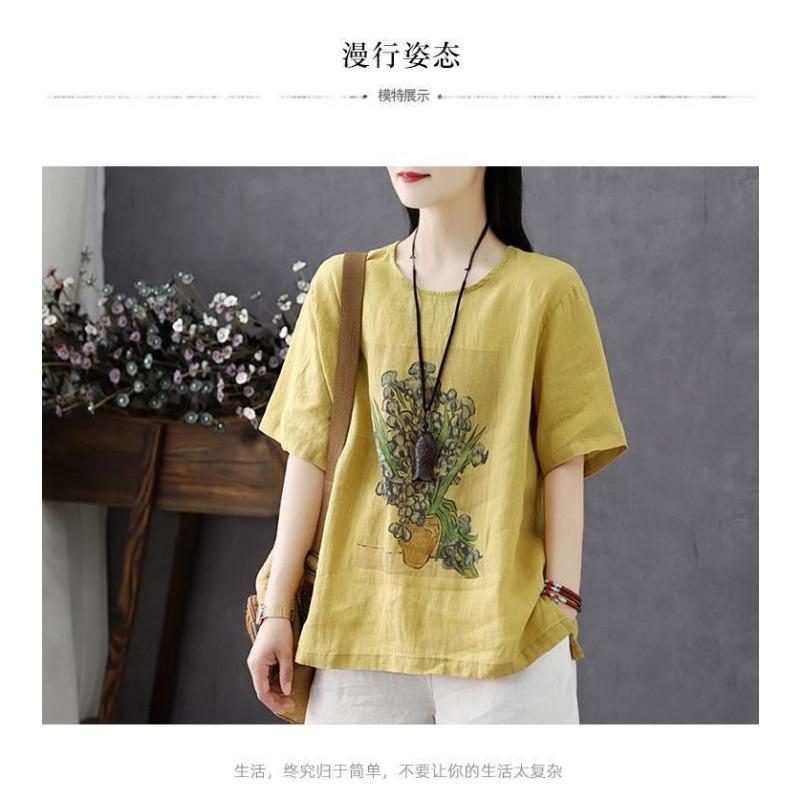 Cotton and Linen T-shirt Women's Short-sleeved Summer New Style Women's Top Loose Retro Printed Large Size