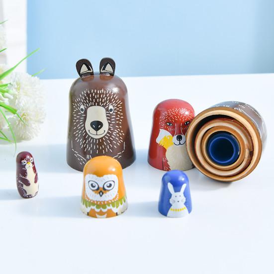 Yousheng 5Pcs/Set Animal Russian Nesting Doll 5 Layers Handmade Wooden Matryoshka Forest Animal Stacking Toy Home Office Desktop Decoration Ornament