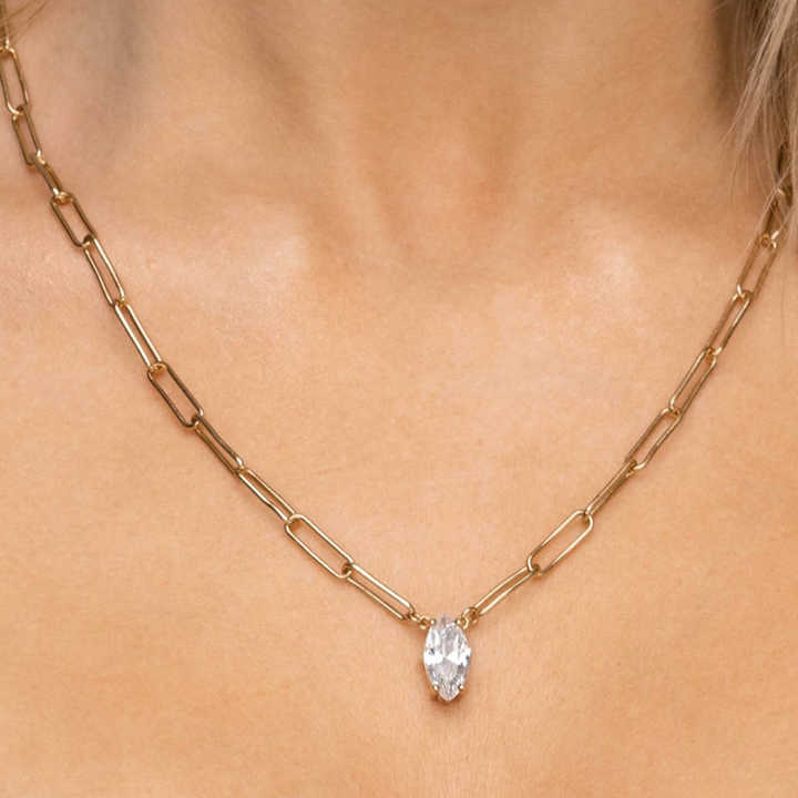 Matte Waterproof Water Drop Cubic Zirconia Pendant Paper Needle Necklace Stainless Steel Fashion Jewelry
