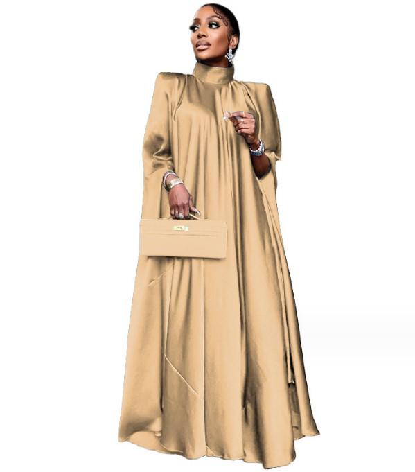 

Женское платье 2023 года с высоким воротом, свободное, из атласа, расклешенное - в европейском, американском и юго-восточноазиатском стиле One Size хаки