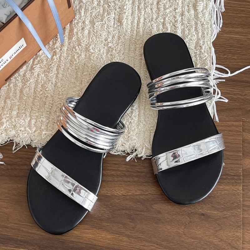 2024 Korean Version of Thin Belt Combination One Line Soft Leather Square Slippers Women's Open Toe Flat Beach Slippers