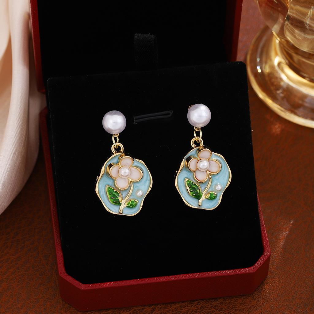 1Pair Fresh and sweet-tempered earrings - Monet Garden French Drop Oil Three-Dimensional Flower Earrings