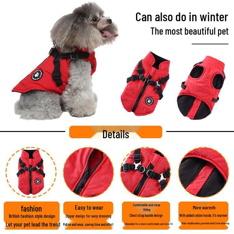 Durable Cotton Dog Jacket with Harness and Leash - Cold-Resistant Pet Outerwear 