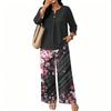 Women Casual Button Front Top with Three Quarter Sleeves and Wide Leg Printed Pants Two Piece Set Comfortable Loose Fit