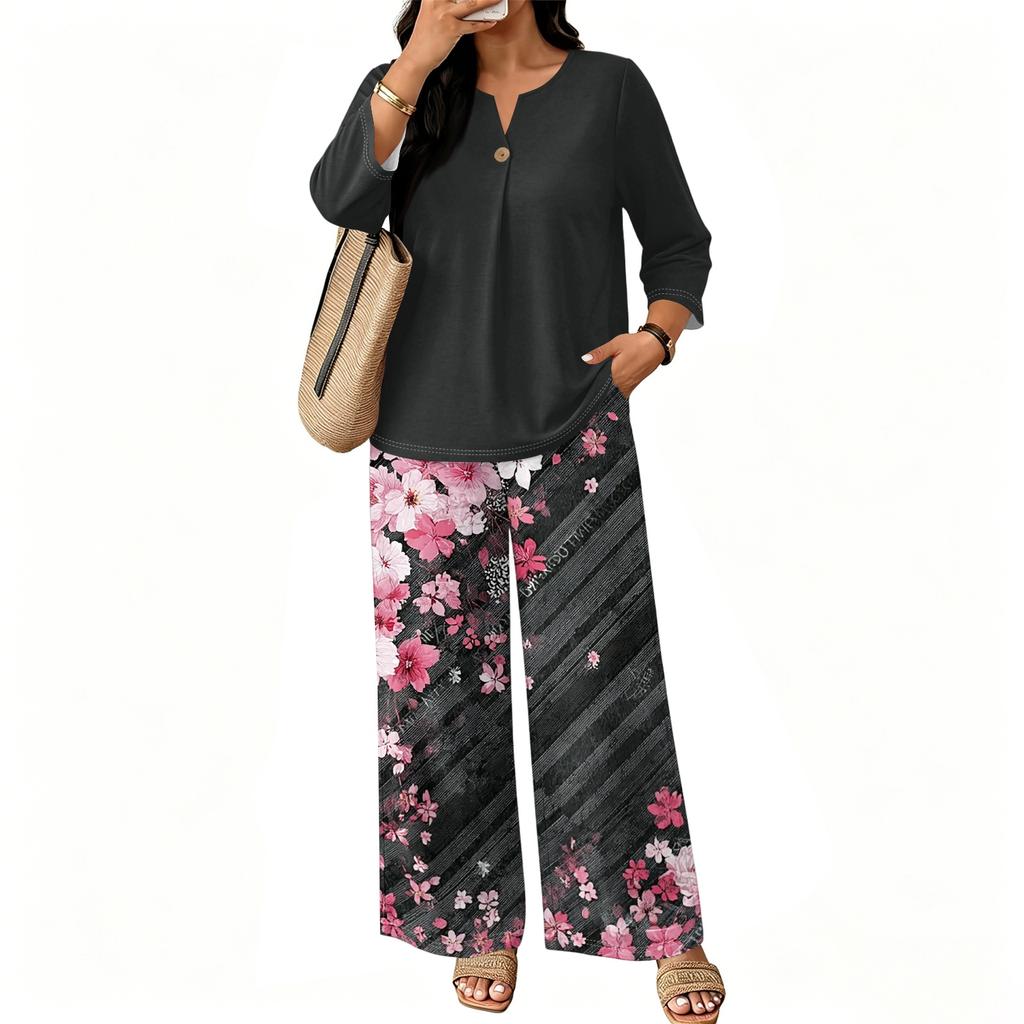 Women Casual Button Front Top with Three Quarter Sleeves and Wide Leg Printed Pants Two Piece Set Comfortable Loose Fit