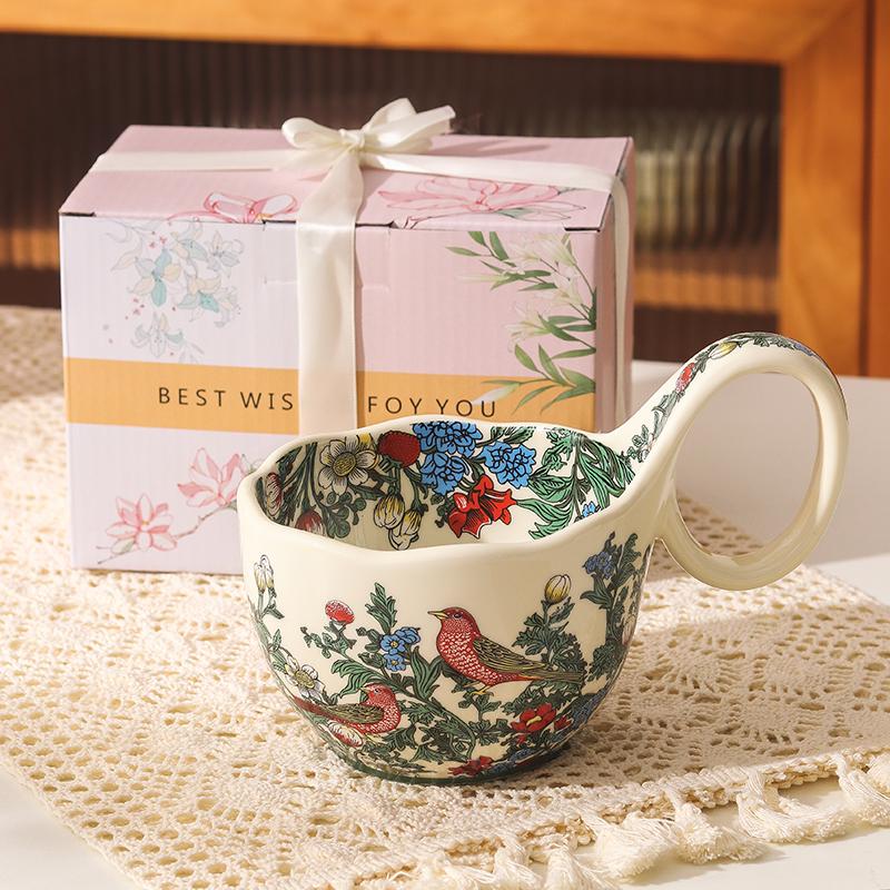 Retro Ceramic Mug With Curved Handle Home Breakfast Oatmeal Milk Bowl, Afternoon Tea Coffee Cup