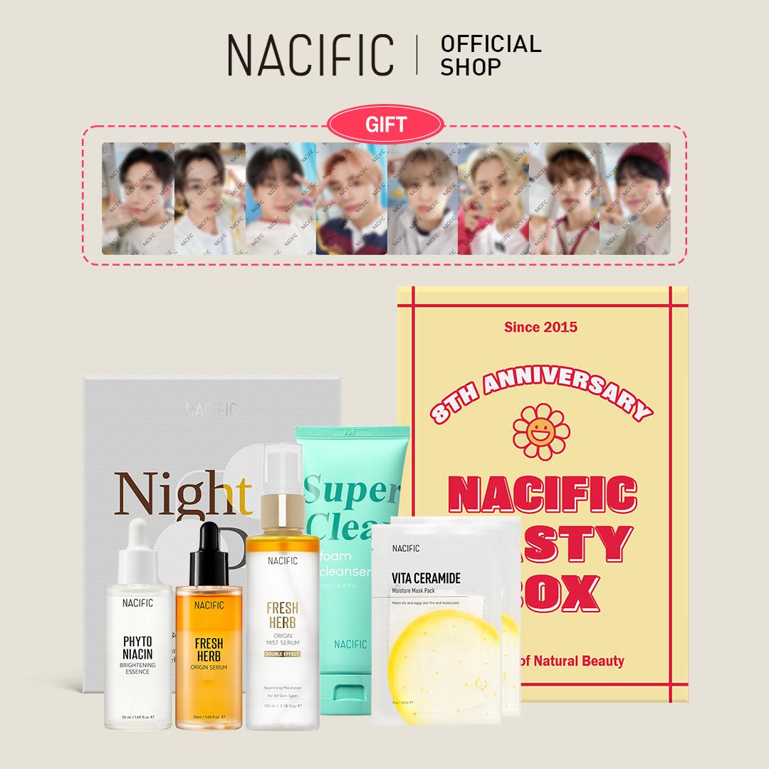 

[NACIFIC X SKZ] Вкусная коробка (Набор «День и ночь», пенка для умывания, сыворотка-мист, набор масок) + Фотокарточки СКЗ ОТ8 + Наклейка с изображением лица