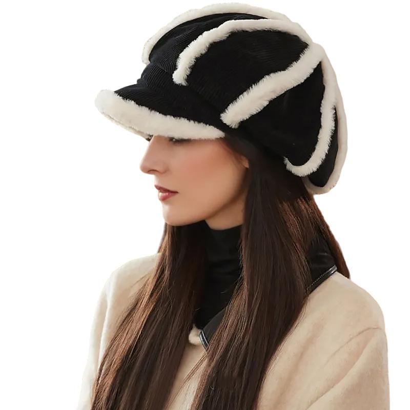 1PC Plush-Lined Gift Corduroy Material Versatile Beret Exquisite Thickened Design Warmth Accessories Elegant 56-58cm