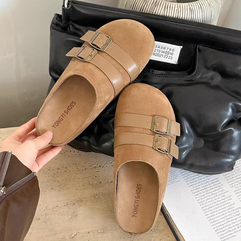 Baotou half slippers women's spring wear new retro flat-bottomed leather buckle one-pedal slippers