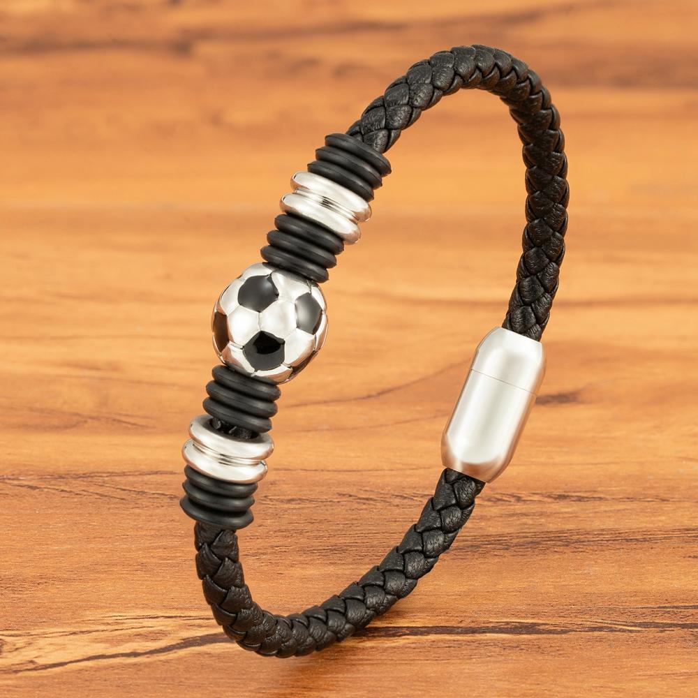 Sports Style Football Design Stainless Steel Button Woven Leather Men's Bracelet World Cup Gift Campus Gym Accessories