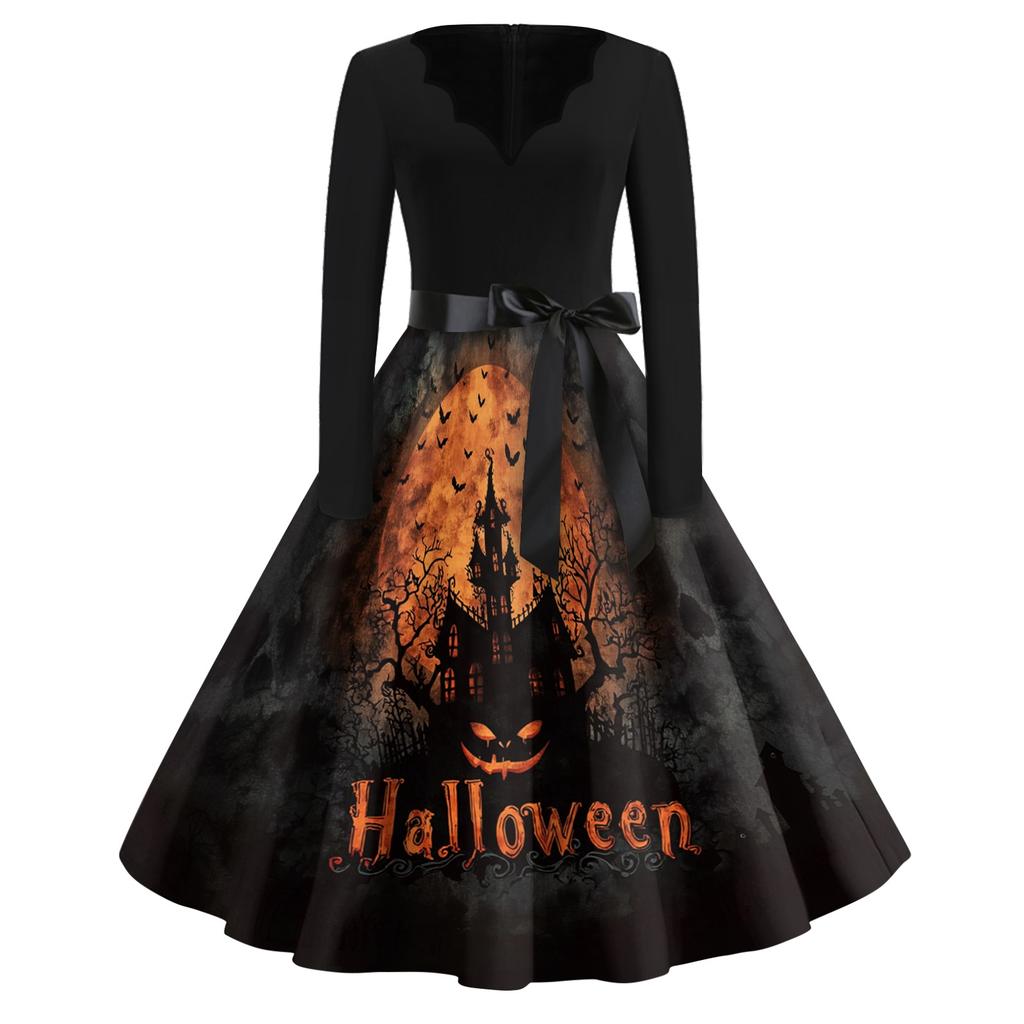 Women's Casual Vintage Halloween Dress V Neck Long Sleeve Retro Printed Swing Dress with Waist Tie Belt for Fall Seasonal Wear