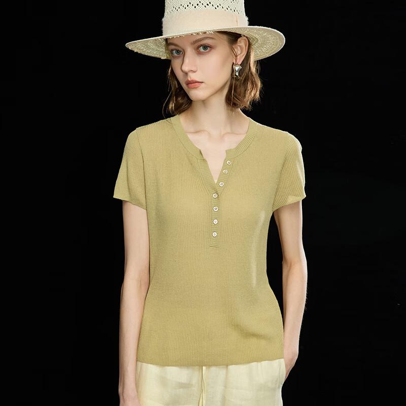 Women's Tencel Linen Blend French Half-Open Collar Knitted T-Shirt