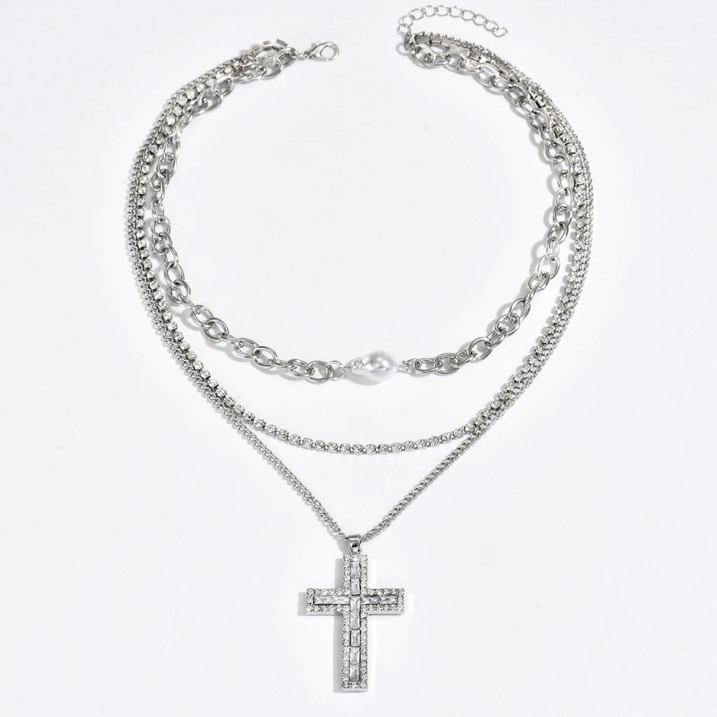 Cross Pendant Necklace For Women With Multilayer Geometric Design In Zinc Alloy For Daily Fashion