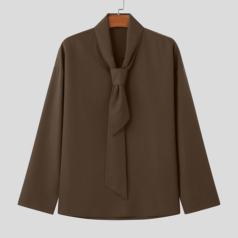 

INCERUN Мужские рубашки оверсайз с завязками на шее, с длинным рукавом, однотонные, повседневные топы S коричневый