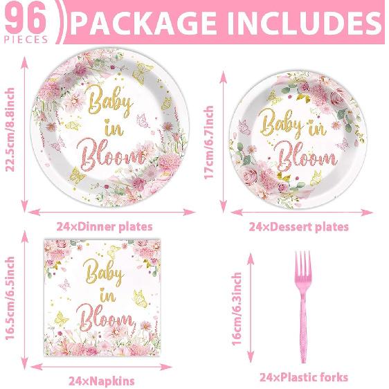 96Pcs Baby in Bloom Baby Shower Decorations Baby In Bloom Floral Paper Plates Napkins Baby in Bloom Cake Dessert Party Tableware Set for Girls