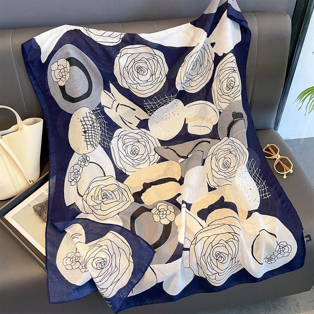 Women Cotton Linen Rose Print Scarf Shawl Hijab Muslim Long Headscarf Scarves Head Wraps Long Female Head Scarf