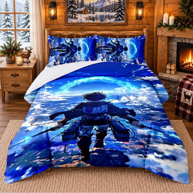Attack on Titan Muster Bettwäsche 3-teiliges Set Bettlaken und Kissenbezüge für Innen-Schlafzimmer