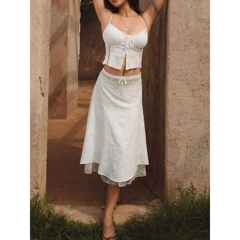 White Rose Julie Set French style Pure Design Embroidery Lace Sling + Mesh Patchwork Skirt Two-piece Set