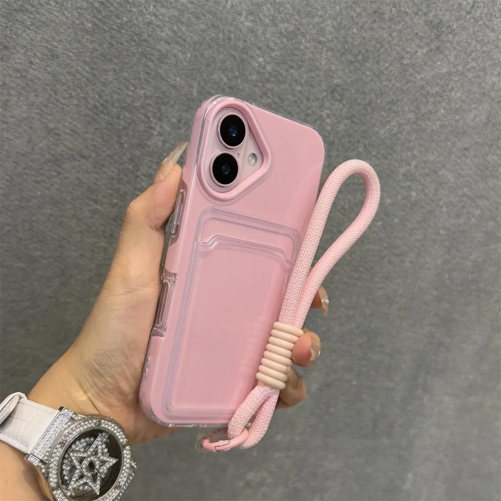 Wrist Strap Card Slot Po Clip Soft Shockproof Case For iPhone 17 16 15 14 Plus 13 12 Pro Max 11 Candy Color Lanyard Cover