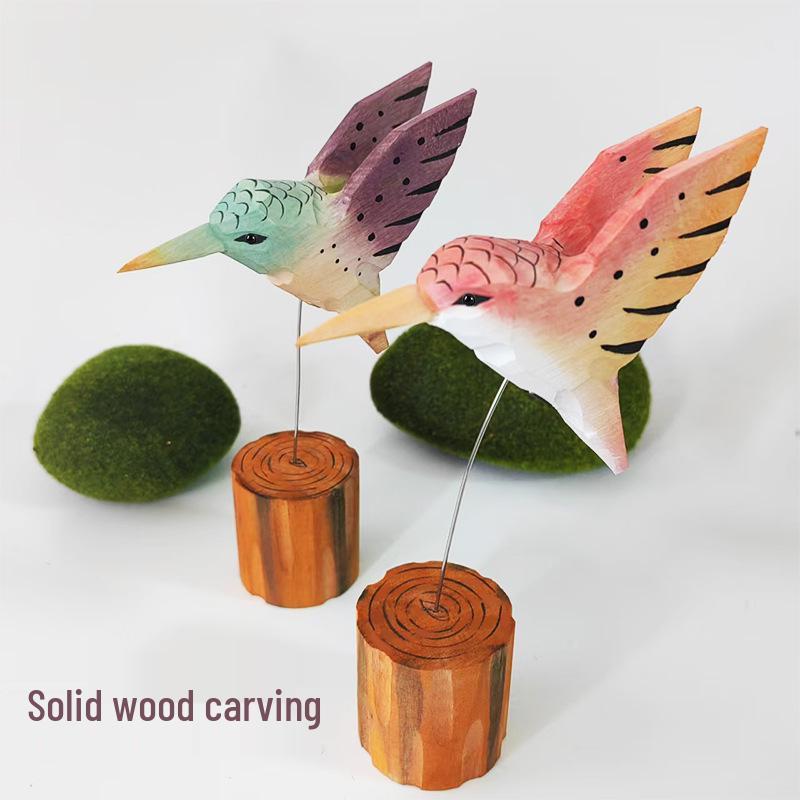 European Style Solid Wood Tabletop Ornament - Hummingbird Handmade Wood Carving Decor