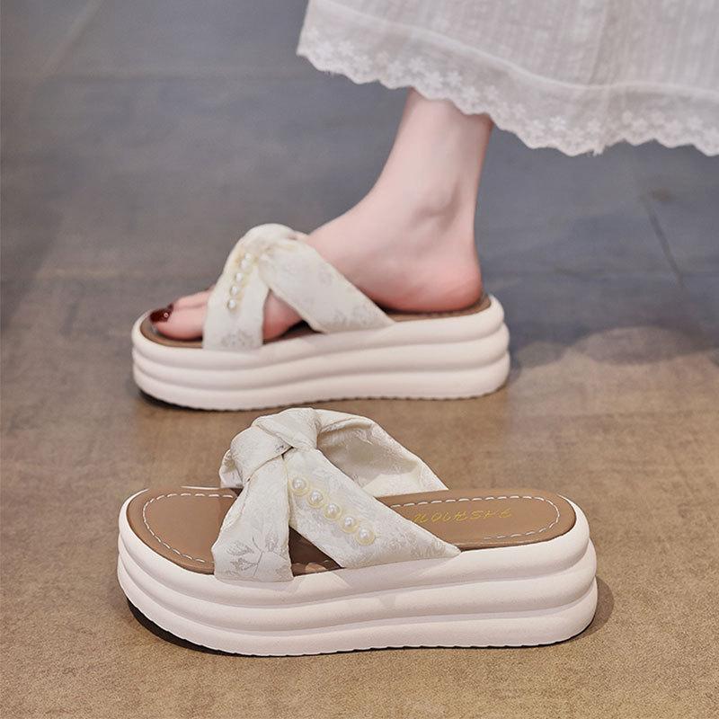 Bow Thick-soled Cool Slippers Women's Summer Wear 2025 New Versatile National Style Sandals Pearl Beach One-word Slippers