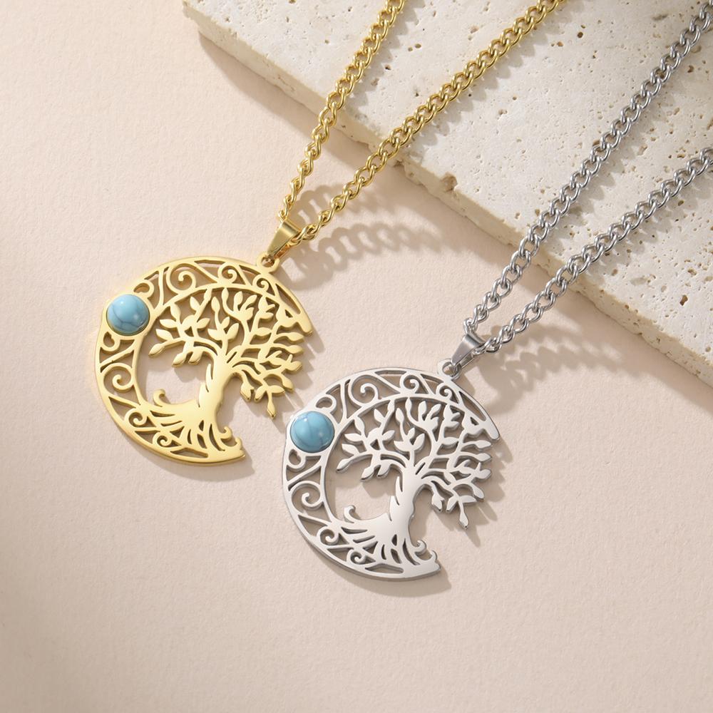 Dawapara Vintage Turquoise Crescent Moon Tree of Life Necklace Filigree Celtics Moon Wiccan Pendant Stainless Steel Jewelry