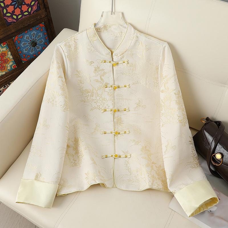 

Women s Retro Style Mandarin Jacket with Embroidered Jacquard and Frog Buttons XL (recommended for 45-52.5kg) бежевий