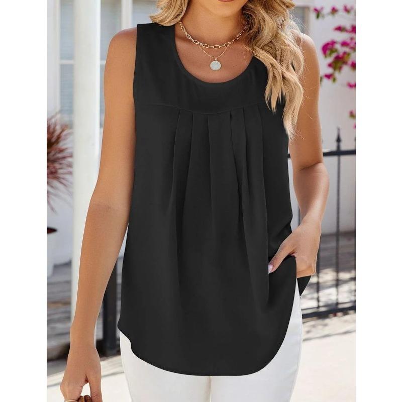 Nuova Blusa a Maniche Corte Pieghettata Girocollo Monocolore dalla Vestibilità Ampia con Cintura per Donna