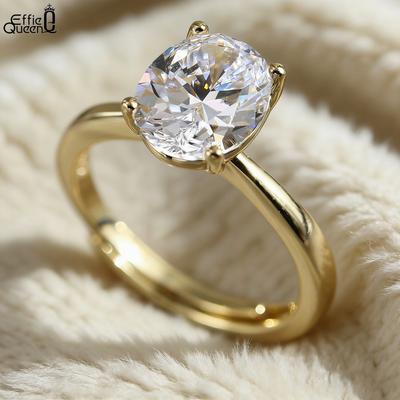 Effie Queen Genuine 925 Silver 14k Gold 8A Oval Zirconia Ring Simple Jewelry for Women, Men Banquet Party Birthdays Gift LZR35