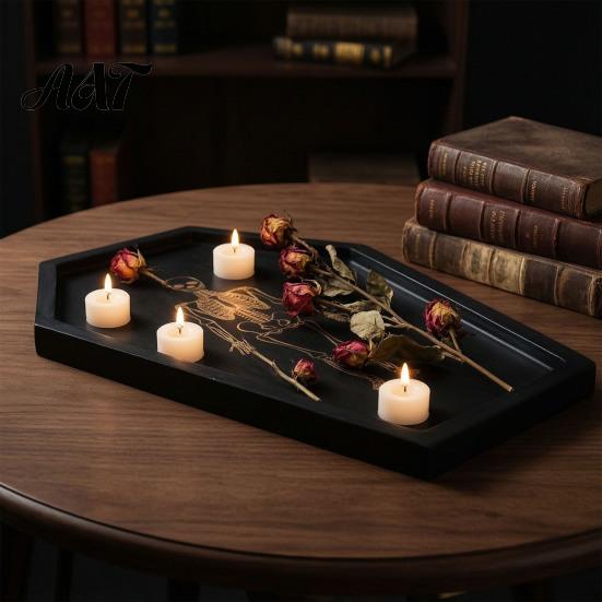 Solid Wood Trinket Tray Halloween Gothic Serving with Engraved Skeleton, Wooden Charcuterie Board, Casket Home Decor Accessories Shape Storage Platter